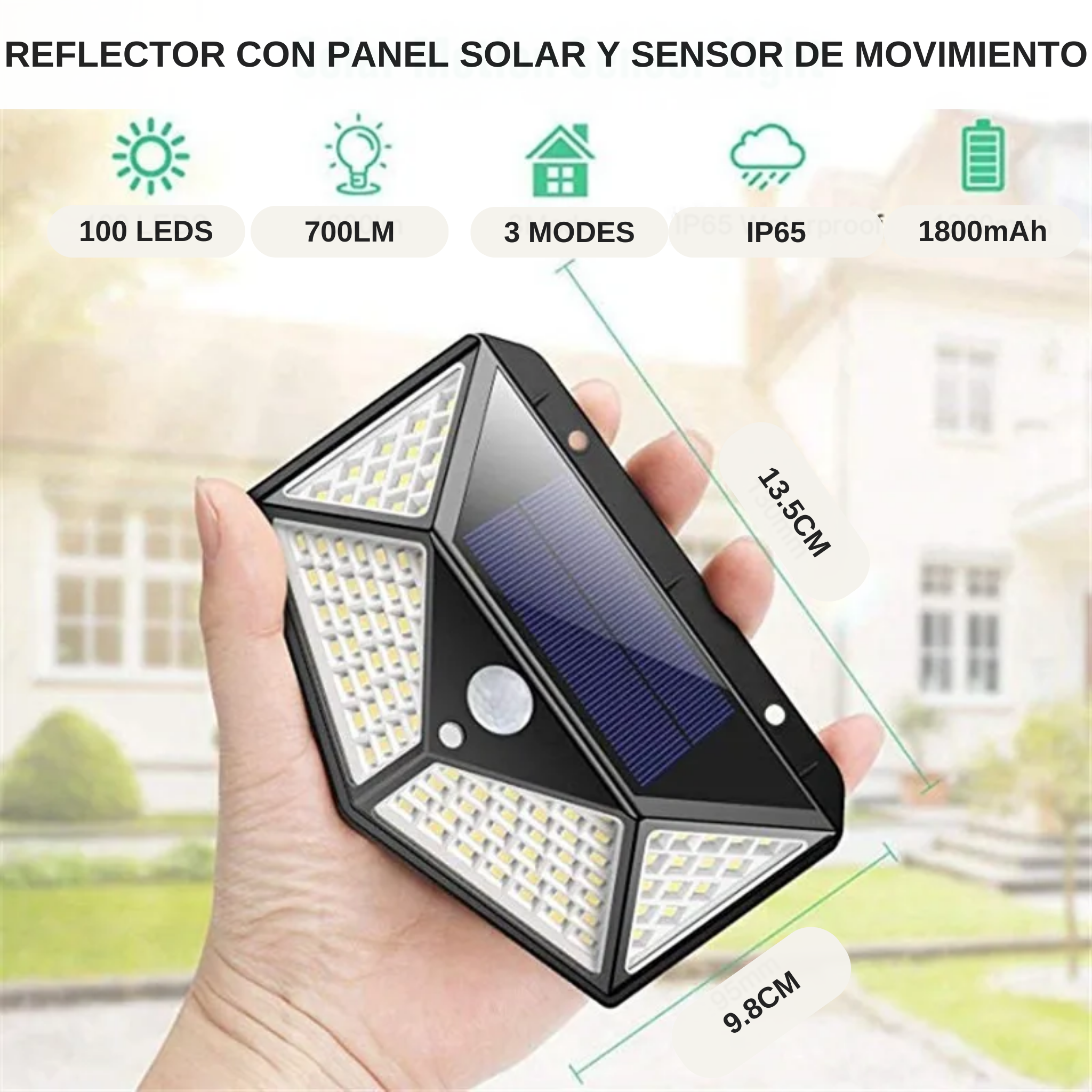 Reflector solar con luces led, sensor de movimiento, impermeable y alimentado por energía solar.